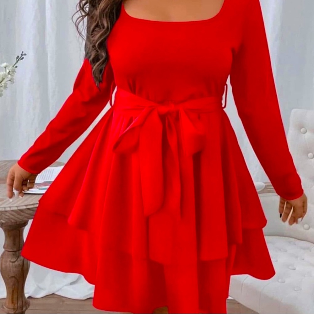 SHEIN Red Tie Front Tiered Long Sleeve Dress
